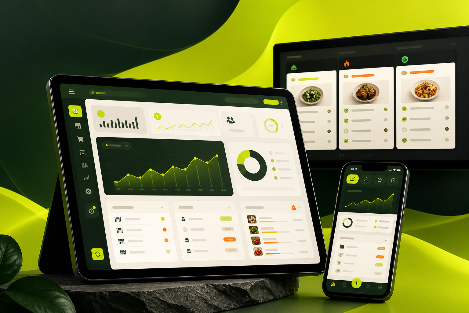 Painéis gerenciais do GastroChefe em tablet, celular e tela de cozinha