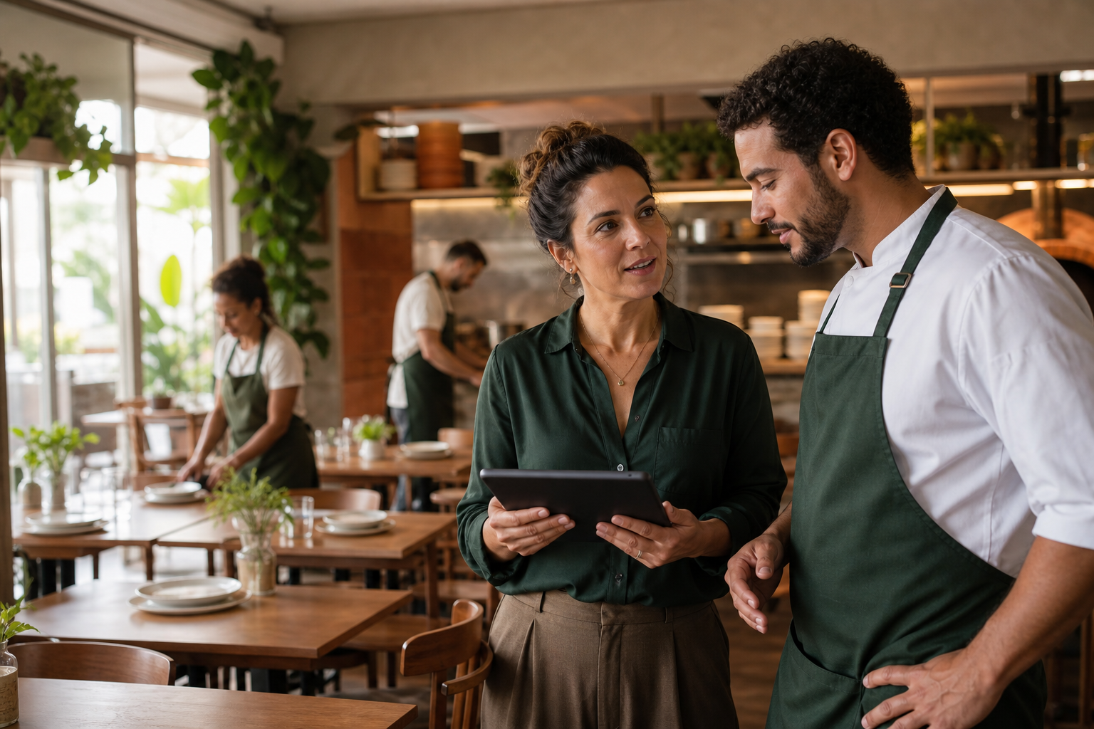 Gestora e chef acompanhando juntos a operação do restaurante